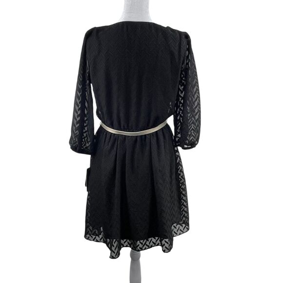A. Byer Black Cocktail Midi Dress 3/4 Sleeve Sheer Lined Gold Belt Slimming Goth - Picture 5 of 6